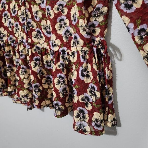 Pansy Floral Dusty Burgundy Viola Ruffle Drawstring Blouse - Picture 4 of 8